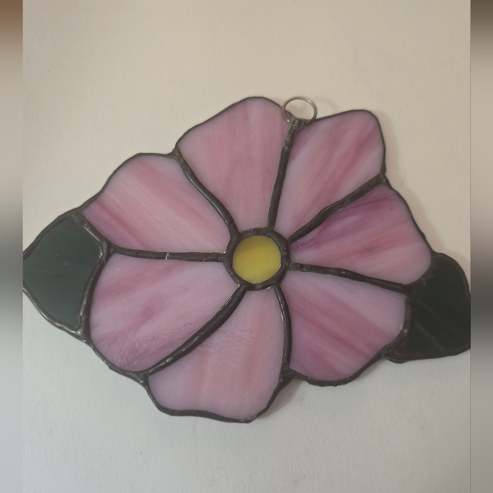 Handcrafted Leaded Stained Glass Hanging  Pink Flower Suncatcher